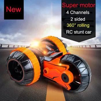 

MKB New 2.4G unique RC tumbling Vehicle 3 wheels double sided Monster Spin Stunt Car Sparkle LED Light RC Car Toy kids gifts