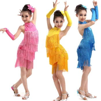 

New Kids Sequined Fringe Latin Dresses Rose Blue children Abiti Latin Dance Dress for Competition Girls Salsa dancing costumes