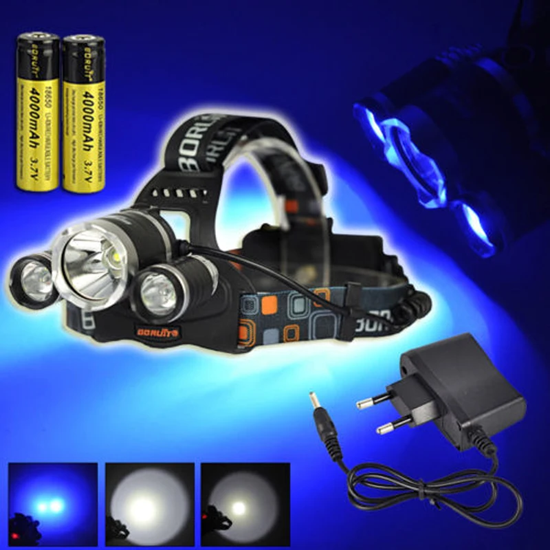 

Boruit 3x XM-L T6+2R2 Blue LED Headlamp 6000LM Head Light Torch+2X18650+Charger Camping Portable Light Hiking Fishing Cycling