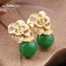 GLSEEVO 925 Sterling Silver Ear Pin Natural Round Jade Drop Earrings For Women Plant Leaves Wedding Earrings Jewellery GE0336B