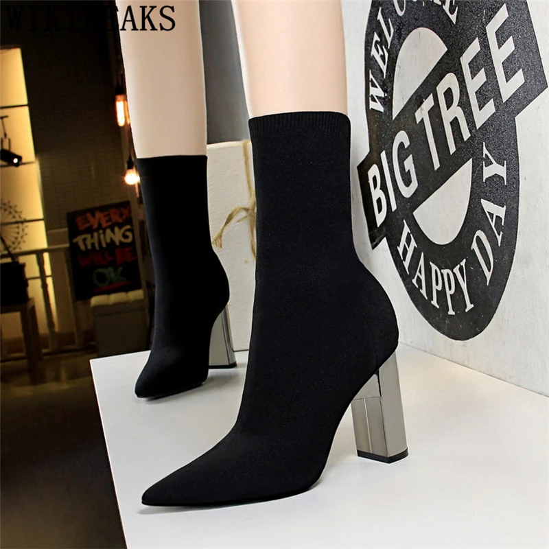 

glitter boots heels Thick heel knitting shoes woman bigtree shoes socks boots shoes ankle boots for women chaussures femme cizme