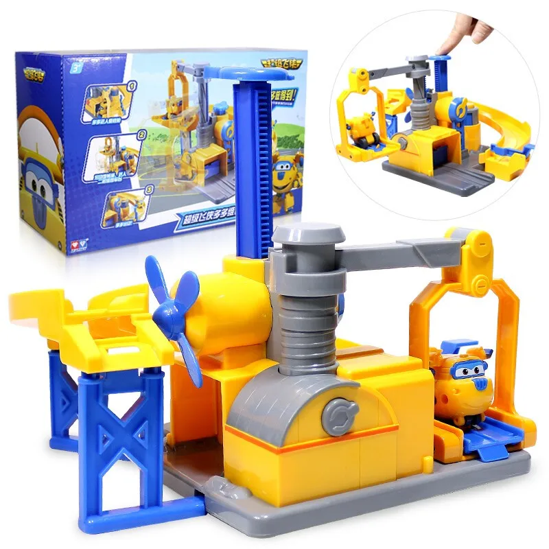 

2019 Newest ABS Transformation Super Wings Donnie Maintenance Base with lift and taxiing tracks Deformation Toys