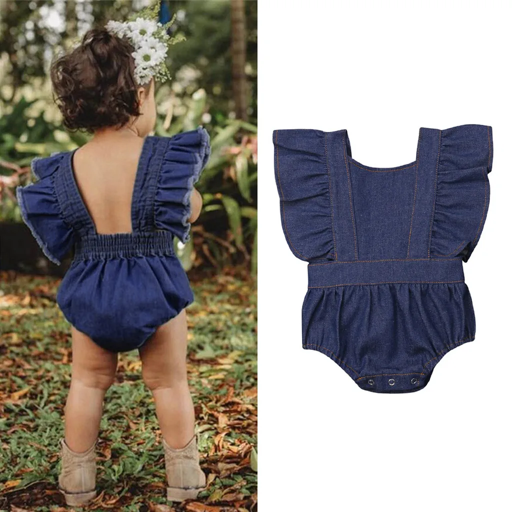 

Infant Rompers Baby Jumpsuit Cotton Casual Girls Solid Fly Sleeve Ruched Denim Backless Outfits Clothes Jumpsuit
