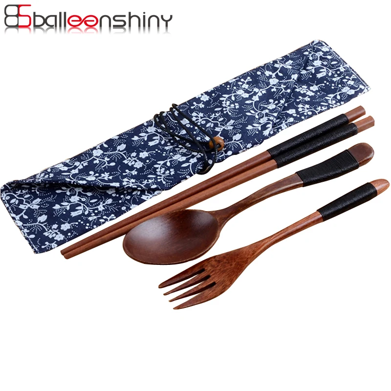 

BalleenShiny Japanese Vintage Outdoor Wooden Tableware 3pcs Set with Cloth Bag for Coffee Tea Salad Gift Kitchen Tools Tableware