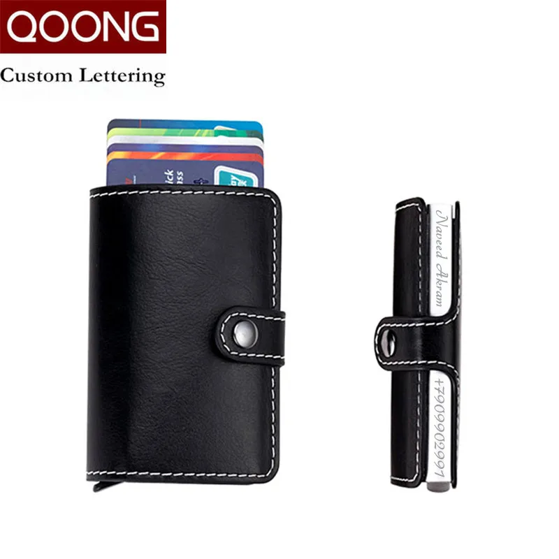 

QOONG Laser Engraving Travel Card Wallet Purse Automatic Pop Up ID Credit Card Holder Men Women Business Card Case KH1-004