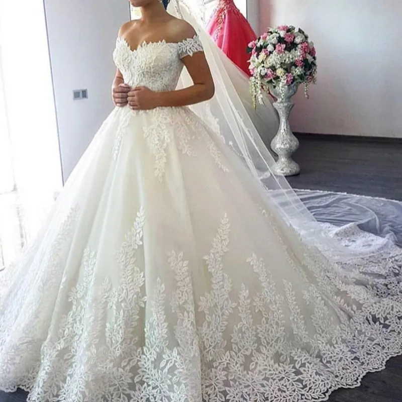 

QQ Lover 2019 White Off the Shoulder Vestido De Noiva Wedding Dress Train Custom-made Plus Size Bridal Tulle Mariage