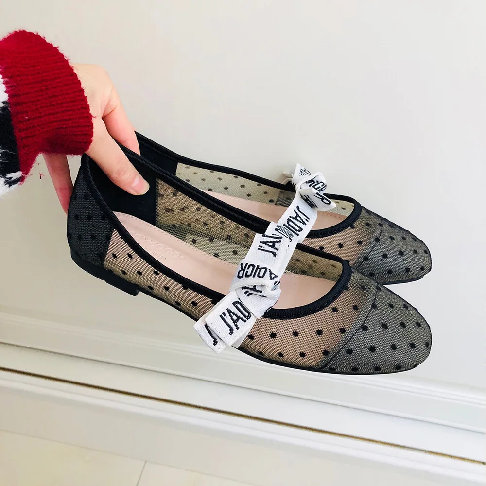 

fashion Luxury brand summer Round toe women flats Loafer bow shallow ballet shoes female mesh breathable polka dot female shoes