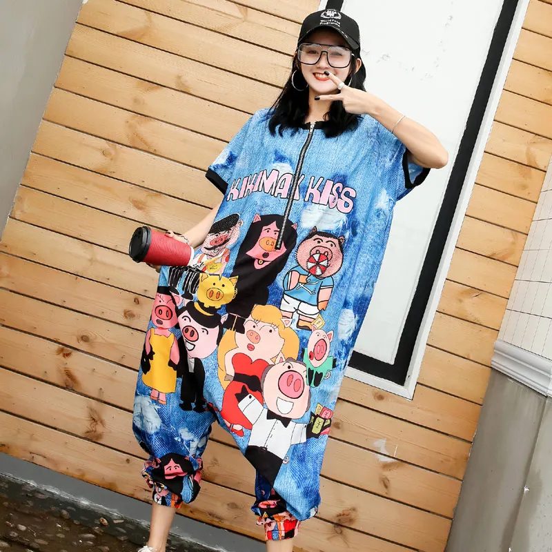 

Summer Cartoon Printing Chiffion Jumpsuit Women Hip Hop Style Loose Letters Pattern Diamond Bodysuit Student Clothes