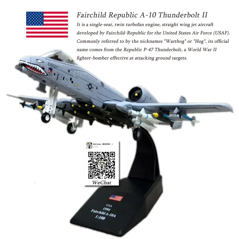 

WLTK 1/100 Scale A-10 Thunderbolt II Warthog Attack Plane 23rd TFW Flying Tigers Diecast Metal Fighter Model Toy For Collection
