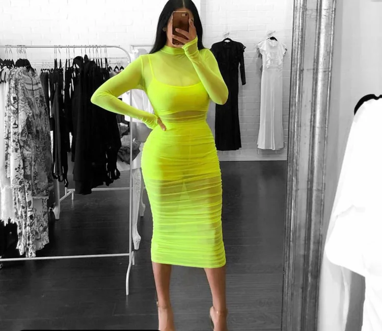 

Long Sleeve Round Neck Mesh See-through Solid Bodycon Sexy Blue Ruched Dresses Knee-length Dress Transparent Vestidos Fashion