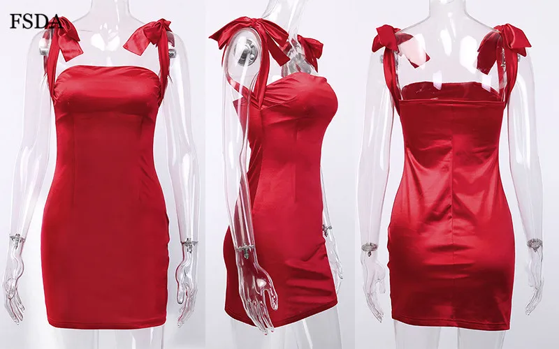 FSDA платье бодикон с открытой спиной и бантом, летнее сатиновое платье без рукавов с вырезом лодочкой, красные, черные вечерние, сексуальные женские элегантные мини-платья
