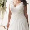 Elegant Plus Size Wedding Dresses V-neck Cap Sleeves Robe de Mariage Sweep Train Appliqued Open Back Chiffon Bridal Gown ► Photo 3/6
