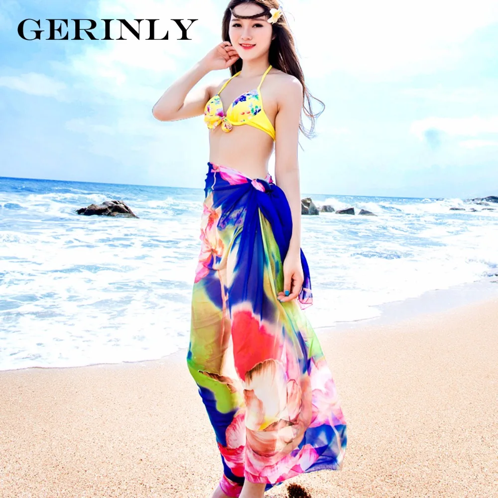 Beach Scarves Sarongs 140*190cm Fresh Zephyranthes Print Chiffon Pareo Sexy Women Bikini Cover