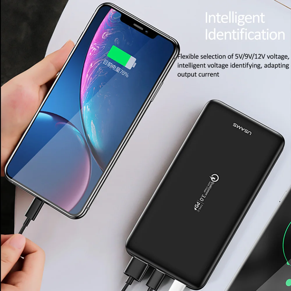 USAMS 18W type C PD QC 3,0 power Bank 10000mah Внешняя батарея USB быстрая Быстрая Зарядка power bank для iphone XS samsung huawei