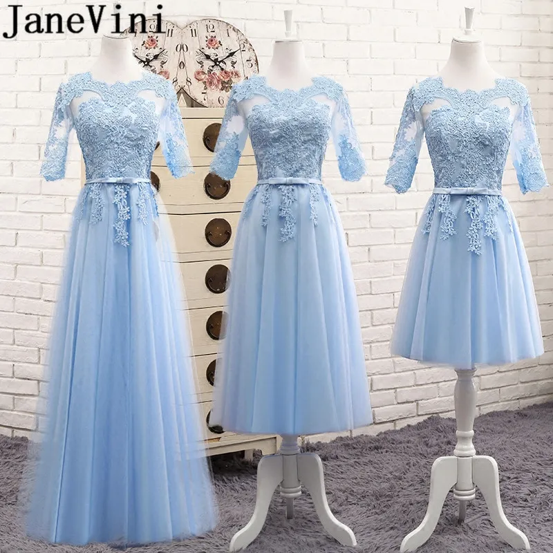 

JaneVini 3 Styles Blue Long Lace Bridesmaid Dress With Half Sleeves Cheap Women Wedding Party Dress Tulle A Line Godmother Gowns