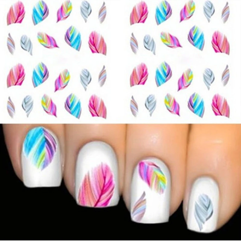 1pcs Feather Nail Art Decorations Water Transfer Decal Nail Stickers For Nails Manicure Stickers Water Rainbow Bright Color 