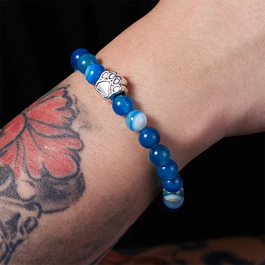 

Blue Stripe Agates Beaded Bracelets for Women Semi-precious Stones Dog Claw Charm Bracelet Fashion Nature Stone Loyalty Jewelry
