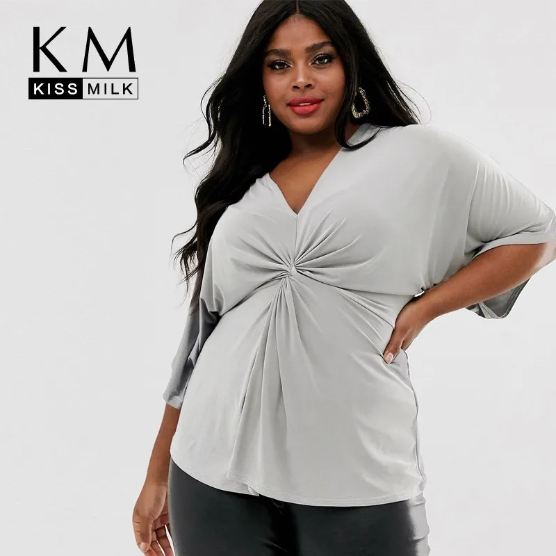 

Kissmilk Plus-size Sexy Diamond-encrusted Stretch Plain Knit V-neck Pleated Bat-sleeved Summer Top For Women