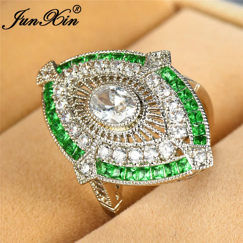JUNXIN Antique 925 Silver Filled Big Rings For Women Men Green Stone White Zircon Wedding Bands Female Male Turkish Jewelry Gift