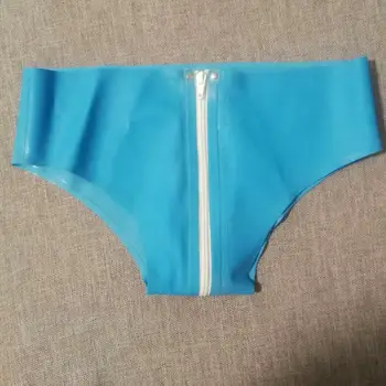 

In Stock Sky Blue Latex Men's Short Pants Sexy Briefs With Through Crotch Zip M size