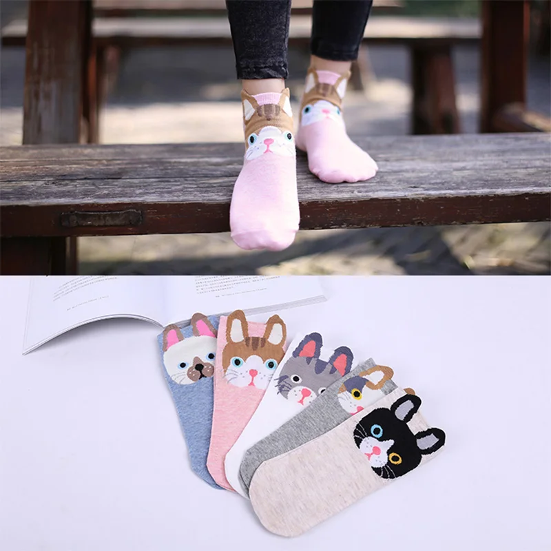 5 пар/больше мультяшных носков, Носки с рисунком кота, милые женские носки с принтом лисы, летние забавные короткие носки, хлопковые носки