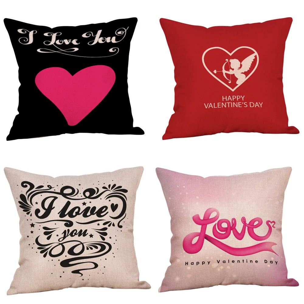 4PC Happy Valentine Pillow Cases New Linen Cover Home Pillowcase Square