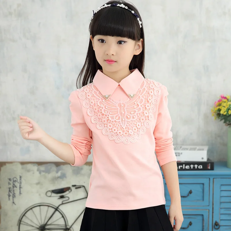 School Girls Blouse Shirts New Spring Fashion Kids Solid Turn-Down Lace Flower Blouses High Quality Children Cotton Clothes