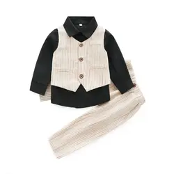 Одежда для маленьких мальчиков комплект с длинным рукавом Формальные детская одежда осень (полосатая куртка + топ + штаны) 3 шт. Костюмы