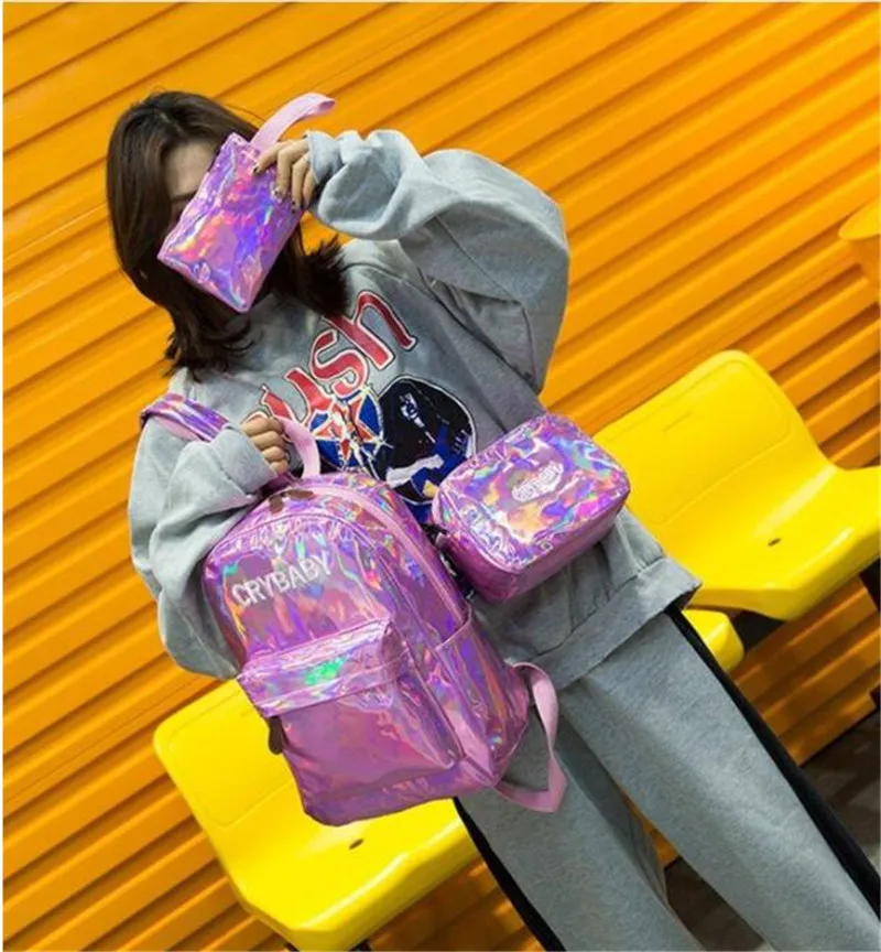 Bolsa de Escola + Bolsas de Ombro Holográfico Laser Mochila Bordado Crybaby Letras Holograma Conjunto 3 Pçs - Set 2020 5 High Quality Bolsas e Malas