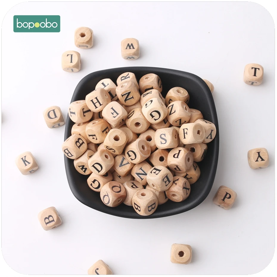 Bopoobo 새로운 나무 메이플 스퀘어 모양의 비즈 12mm 20pc 씹는 음식 학년 Teether 편지 비즈 DIY 공예 감각적 인 씹는 장난감