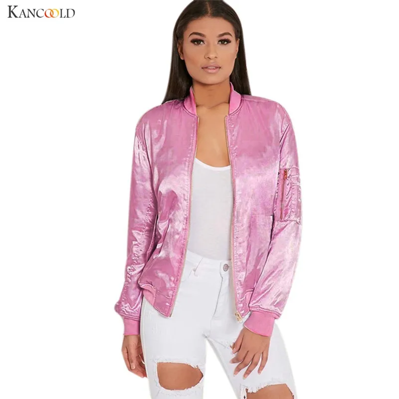 Fashion New Women Ladies Satin Bomber Jacket Vintage Solid Stand Collar