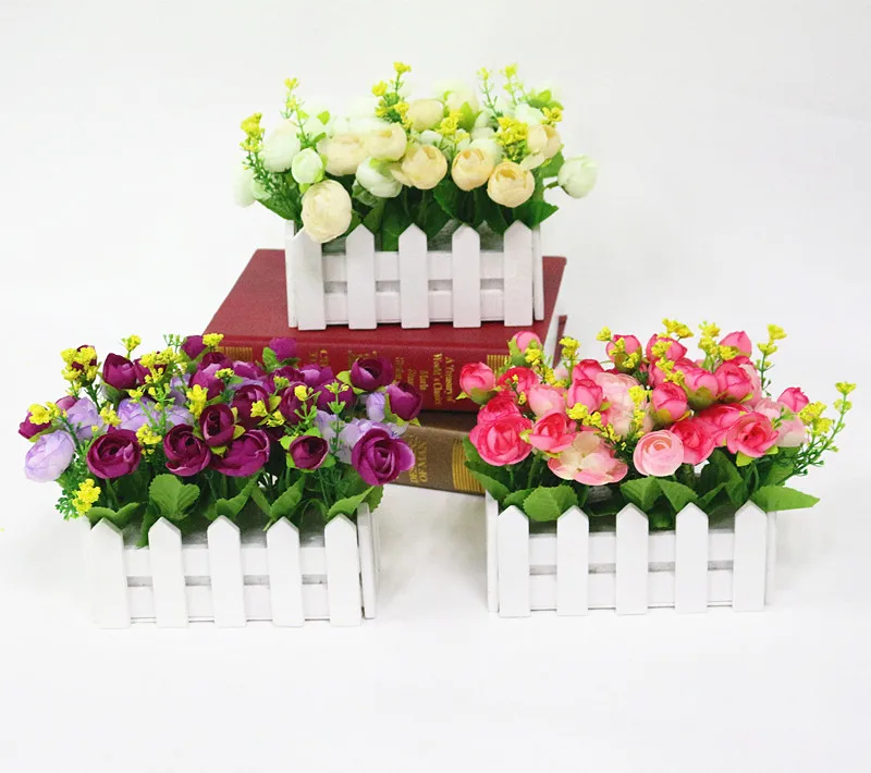  Flone Wedding Decor Artificial Tea Rose Simulation Artificial Flowers Small Potted Plant Fake Rose Set With White Picket Fence (1)