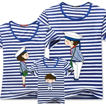 Family Matching Clothes Blue Stripe Quality Couple T Shirt Cartoon Female Male 4xl Summer Short Sleeves