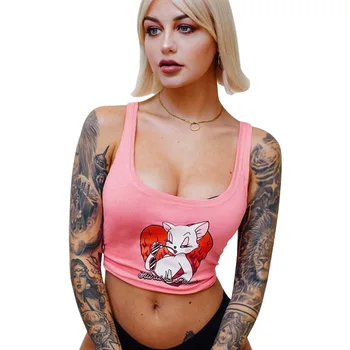 

Summer Streetwear Harajuku Pink Crop Top Women Sexy Cute Cat Print Cotton Camis Tops Love Heart Cropped Vest Tee Shirt Femme