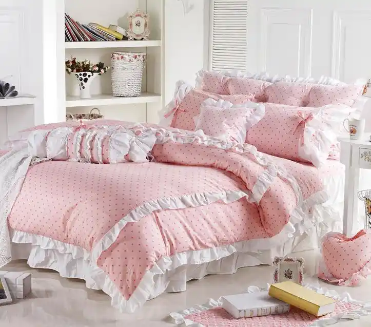 Cute Korean Pink Polka Dot Comforter Sets Romantic White Lace