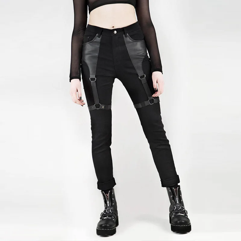 

PU Joining together Patch Hoop Ribbon Casual Pants Overalls Female