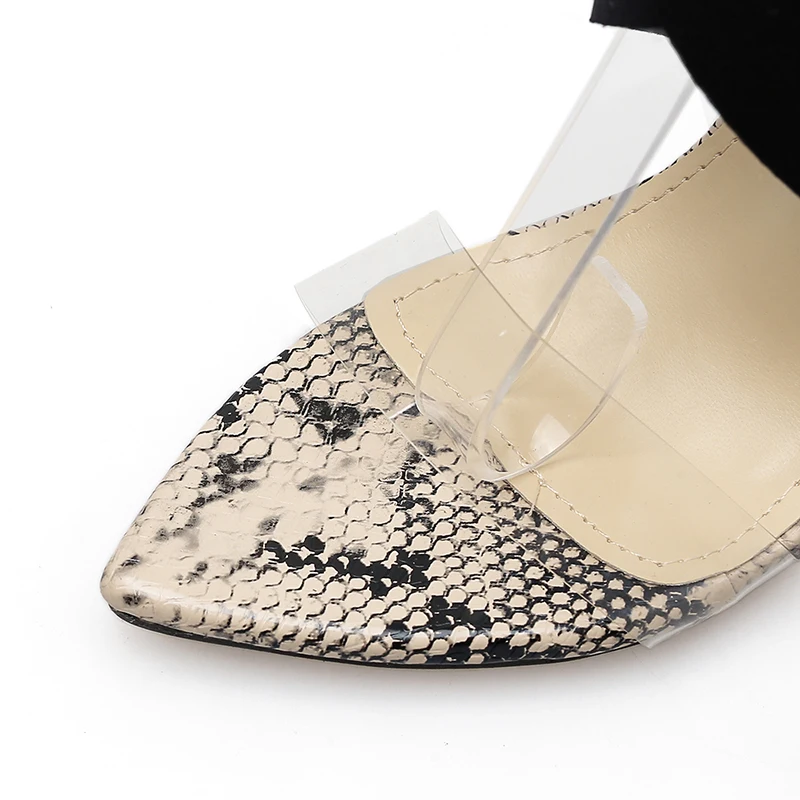 Новые женские туфли-лодочки модные с острым носком прозрачные босоножки на высоком каблуке пикантные змеиные тянущаяся ткань с принтом гладиаторы Летняя обувь