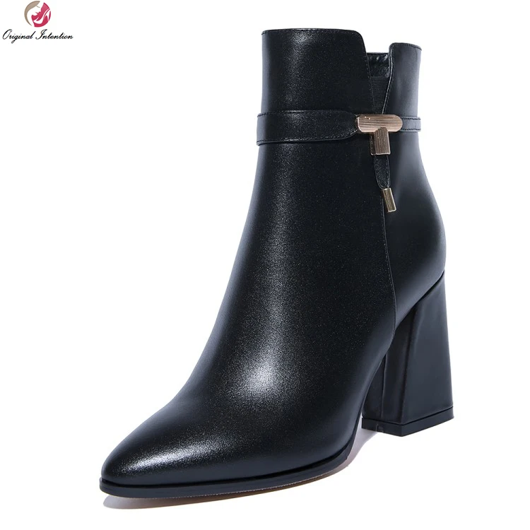 

Original Intention Women Ankle Boots Cow Leather Pointed Toe Square Heels Boots Stylish Black Red Shoes Woman US Size 4-10.5