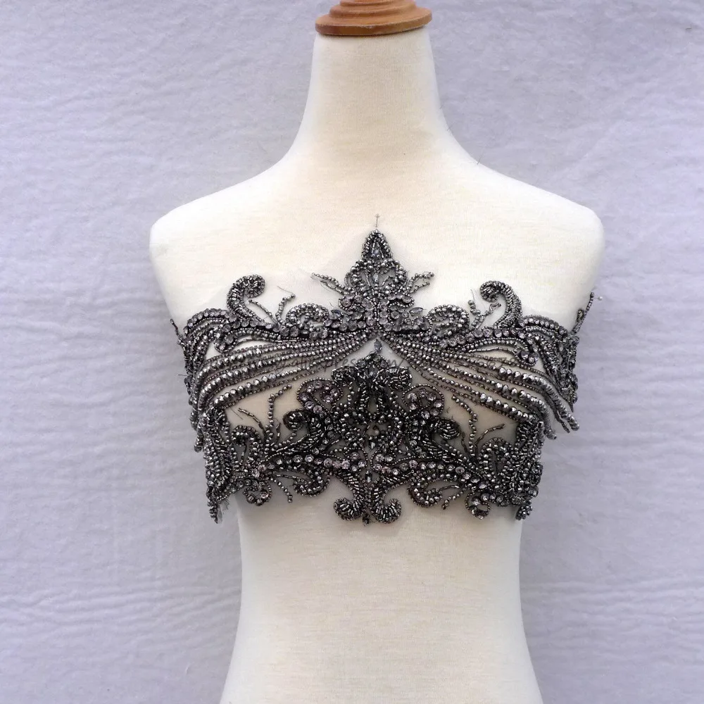 

New fashion heavy handmade Rhinestones grey/silver lace triming big patch wedding dress Accessories 23cm*43cm by piece