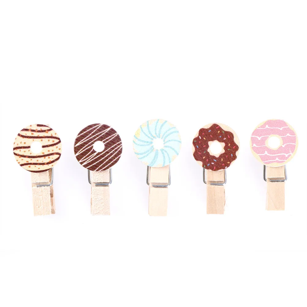 10Pcs Kawaii Donuts Wooden Clip Photo Paper Postcard Craft DIY decoration Clips Office Binding Supplies with Hemp Rope 10*9cm