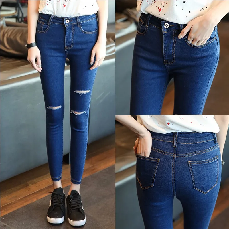 Узкие Стрейчевые рваные джинсы для женщин, эластичные кожаные джинсы с высокой талией, женские узкие джинсовые штаны, синие, черные джинсы с дырками, WICCON