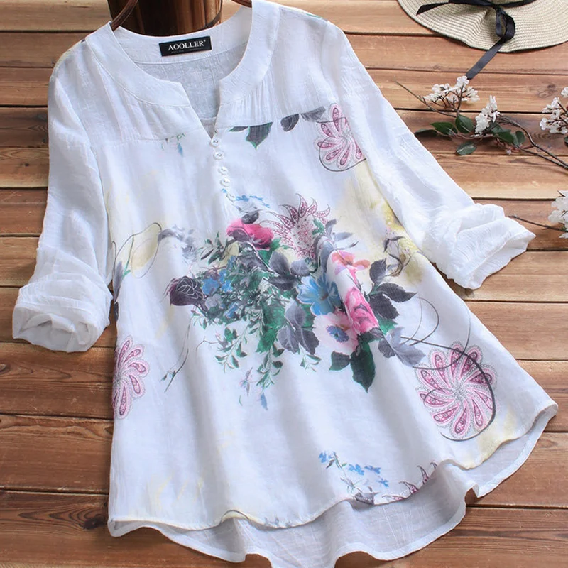 

M-5XL Plus Size Tops Women Blouse Shirt Brand Harajuku Print Cotton Linen Shirts Leisure Long Sleeve White Blouses Blusas Mujer
