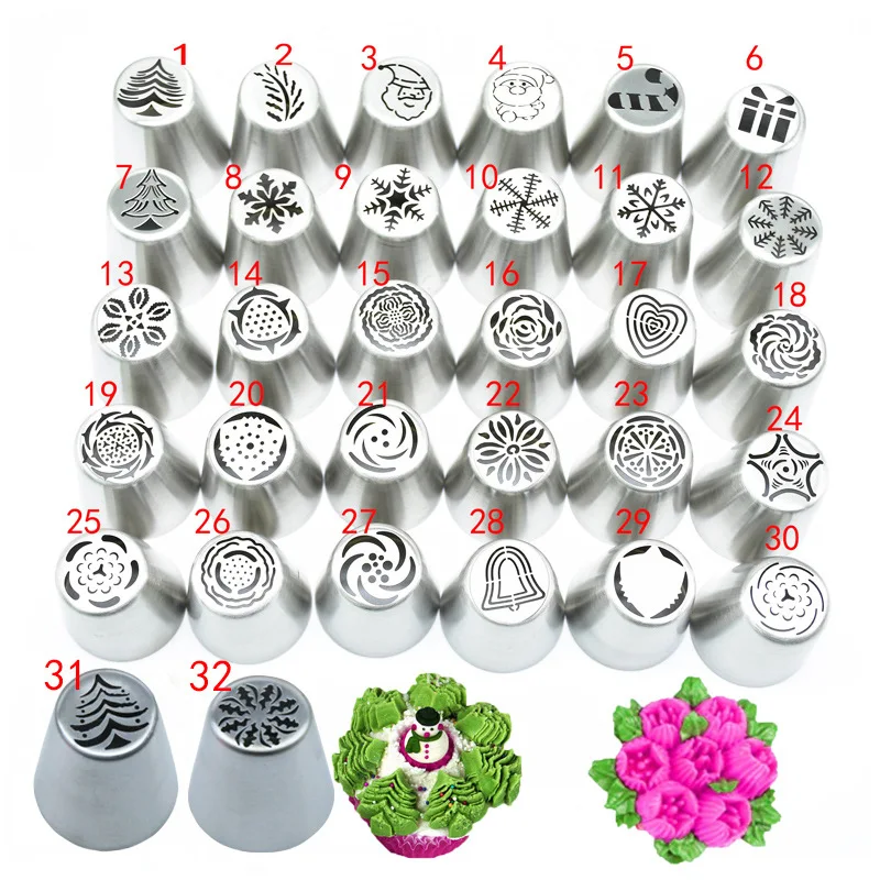 

32 Types Cream Nozzles Stainless Steel Pastry Tube Icing Piping Tips Nozzle Fondant Cake Decoration Christmas Party Baking Tools