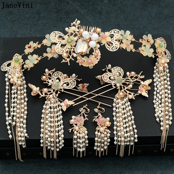 

JaneVini Luxurious Chinese Ancient Wedding Bridal Headwear Gold Butterfly Headband Hairpin Pearls Women Jewelry Hair Accessories