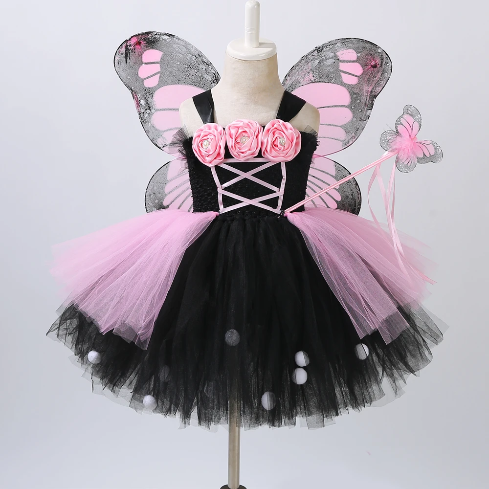 Розовое и черное платье-пачка с изображением бабочек и монарха детское праздничное платье принцессы для девочек, платье с фатиновой юбкой и цветочным рисунком костюм феи на Хэллоуин, От 1 до 14 лет