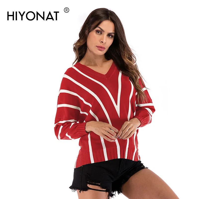 Hiyonat Elegant V-neck Sweaters Women 2019 Fashion Loose Fit Pullover Western Campus Pull Femme Autumn Basic Casual Jumper