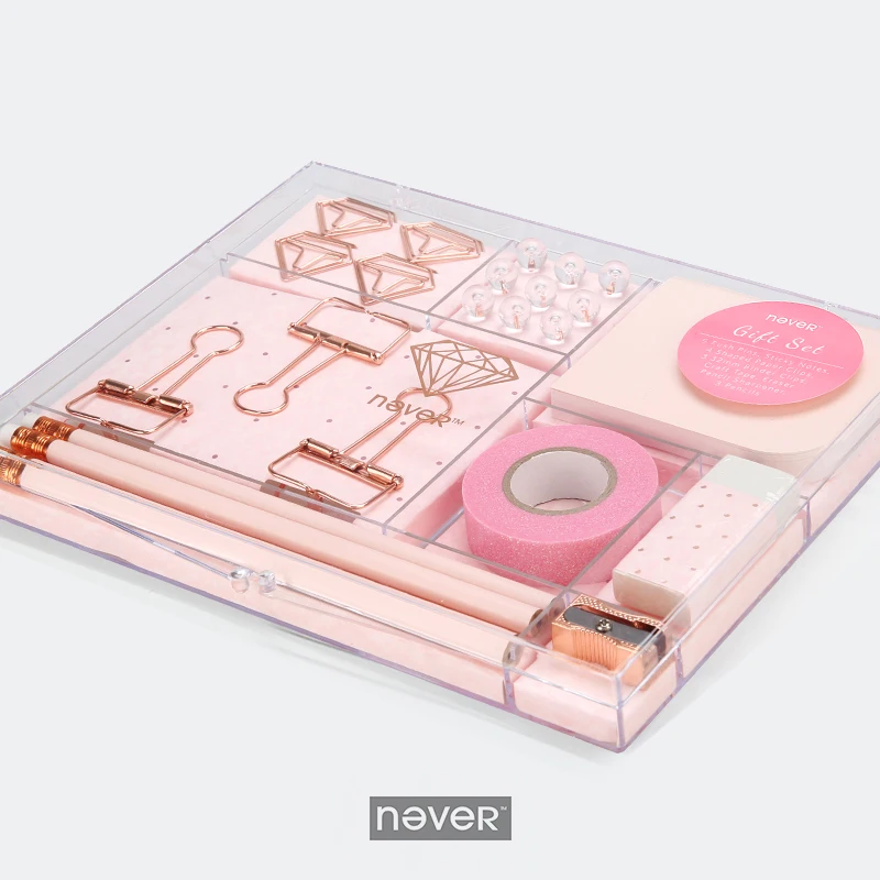 

Never Rose Gold Edition Stationery Set Gift Box Clip Nail Sharpener Tape Eraser Pencil Combination For School Office Accessories