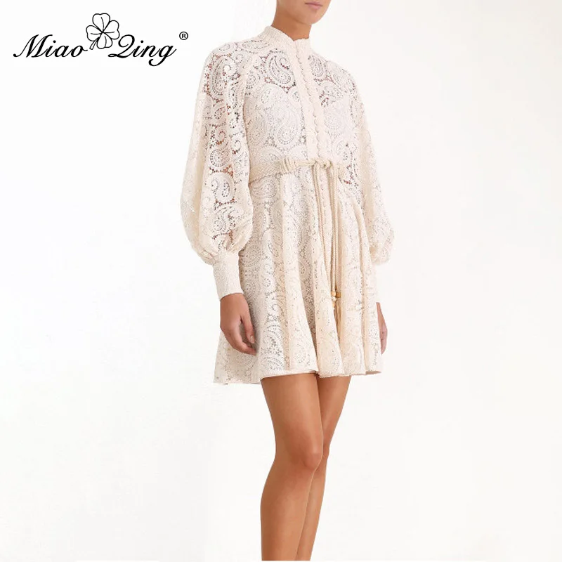 

MIAOQINGsummerhollow-outwomen'sdresswithstanding-collarlanternsleevesandhighwaistbelt mini dress is a new fashion 2019 for women
