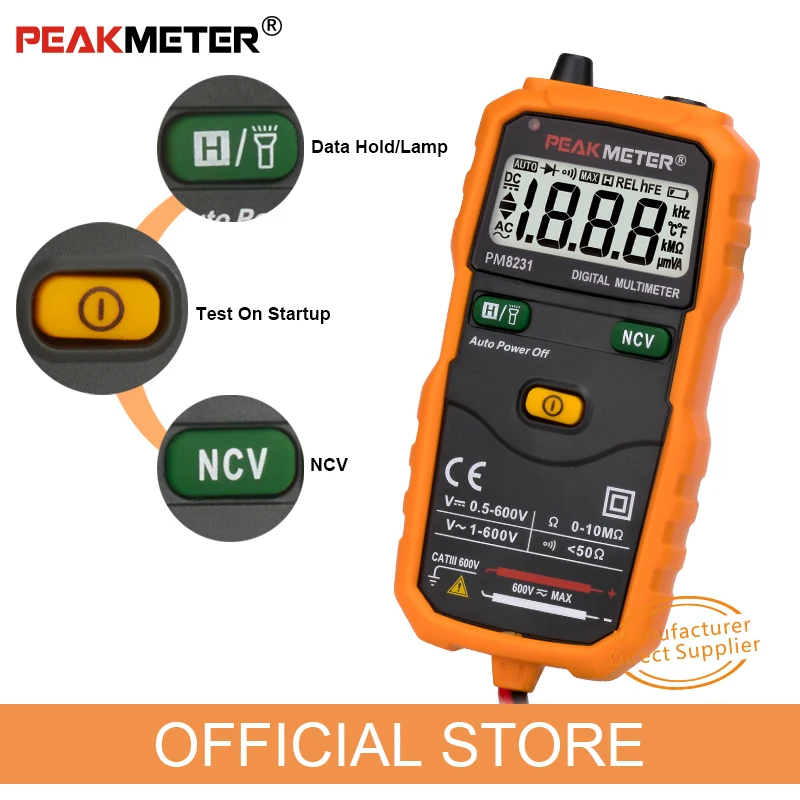 Цифровой мультиметр PEAKMETER PM8231 умные мультиметры Бесконтактный Мини Авто DC AC Сопротивление напряжения NCV тестер