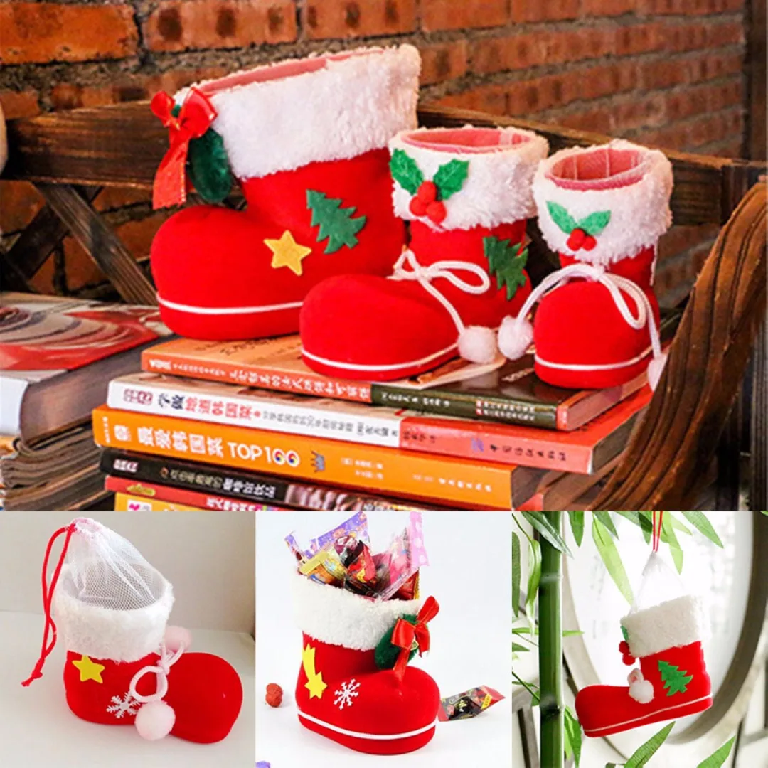 S/M/L Red Christmas Flocking Boots Socks Candy Box Christmas Tree Decoration Home Ornaments Laser Package Supplies